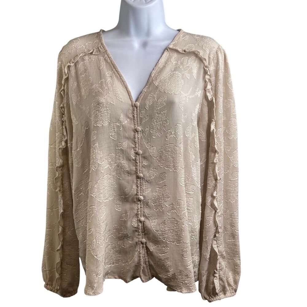 Haver + Blair Women's Beige Jacquard Top Size L Ruffle Peasant Boho Cottagecore